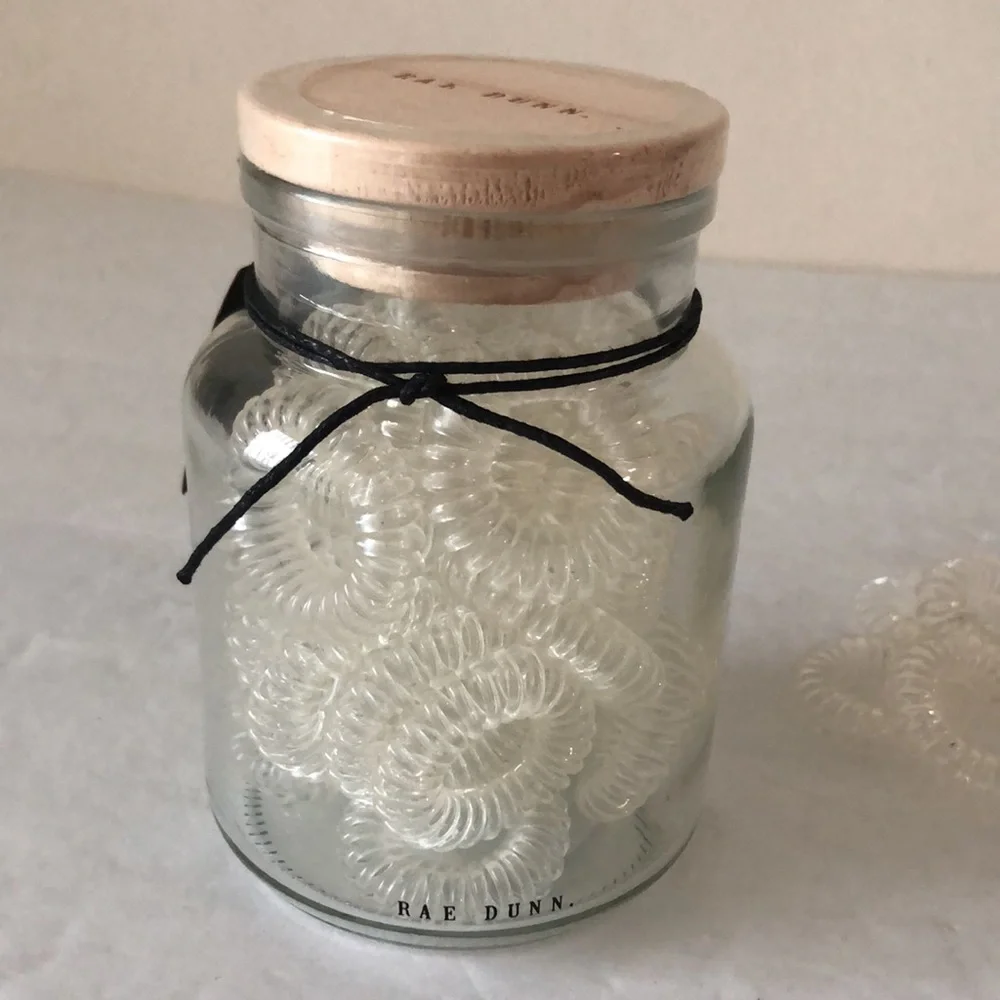 RAE DUNN  Small Glass Jar With 25 Clear Spiral Hair Ties